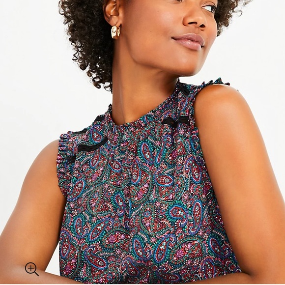 NWT$50 LOFT XSP Paisley Cutout Ruffle Mixed Media Shell XS Petite - Picture 1 of 3